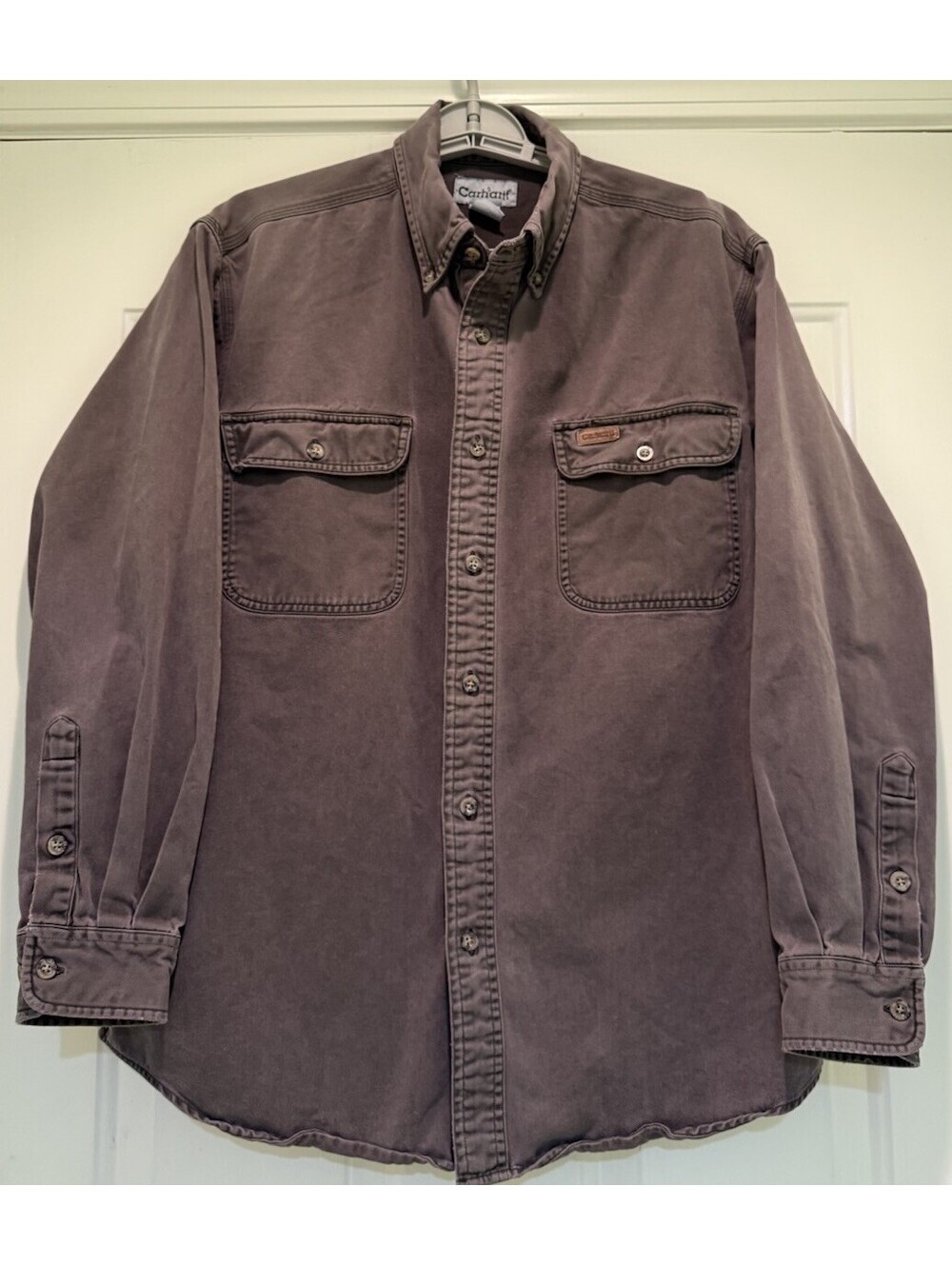 VTG Carhartt Mens M Heavyweight Cotton Work Button Up Shirt Brown Faded Distress